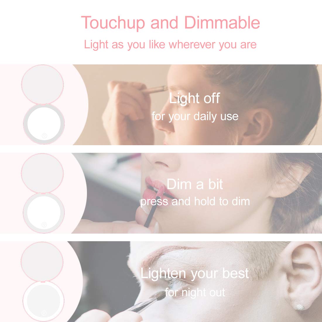 Milishow Compact Mirror with LED Light,1x/10x Magnifying Rechargeable Mirror,3.5in, Dimmable Travel Mirror for Purse,Pocket,Handheld 2-Sided Makeup