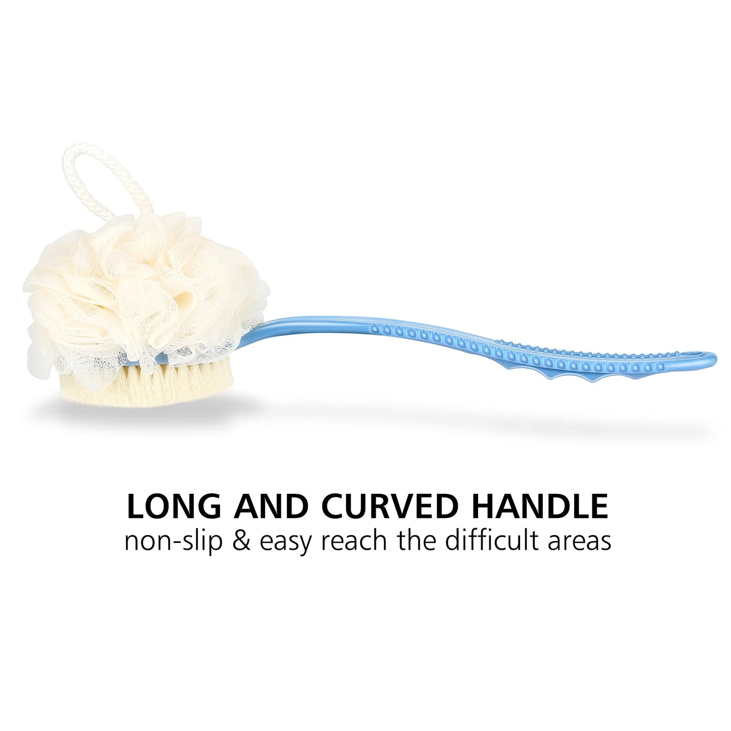 Shower Body Brush with Bristles and Loofah,Back Scrubber Bath Mesh Sponge with Curved Long Handle for Skin Exfoliating Bath, Massage Bristles Suitable Beauty and Personal Care HONOMA