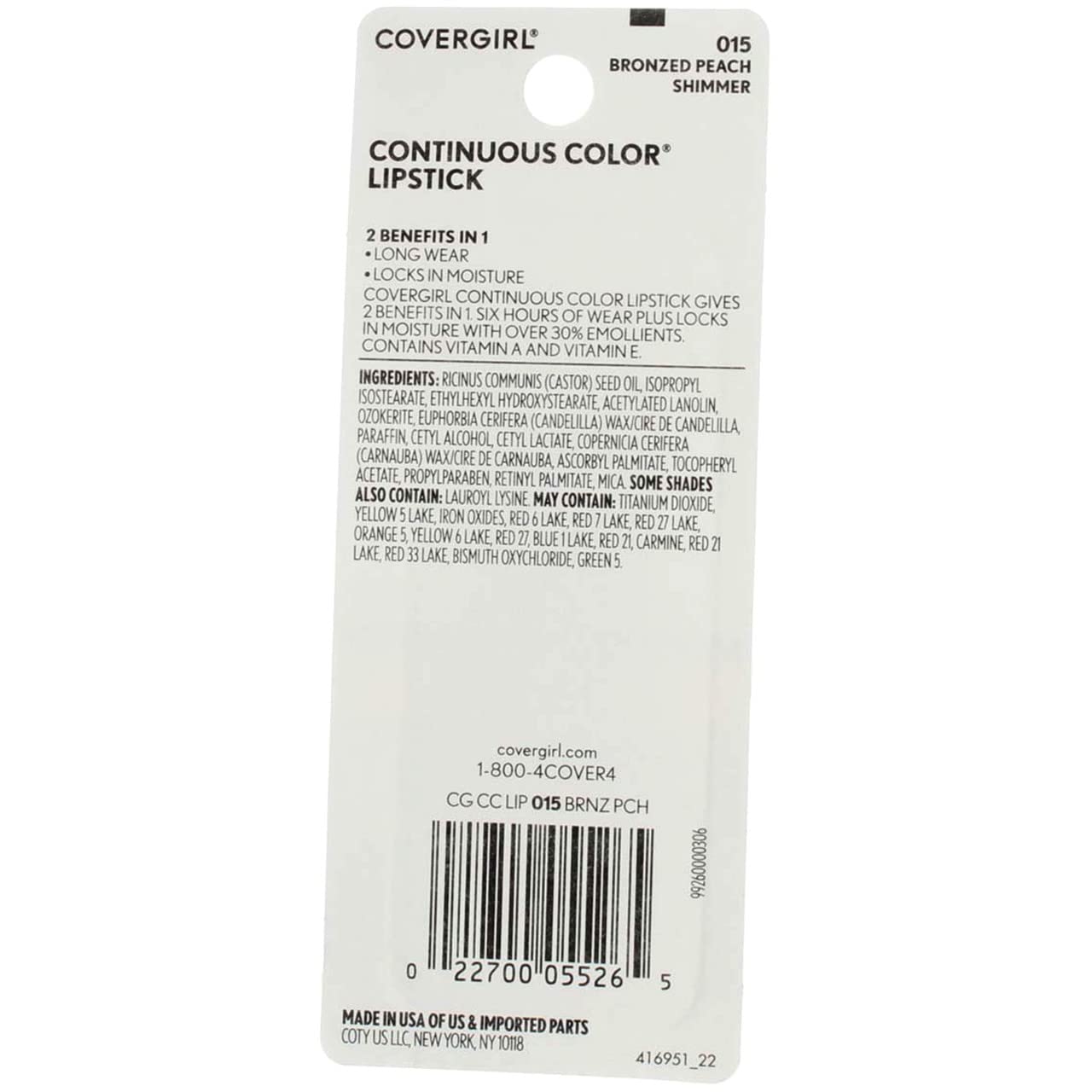 CoverGirl Continuous Color Lipstick, Bronzed Peach [015], 0.13 (Pack of 4)