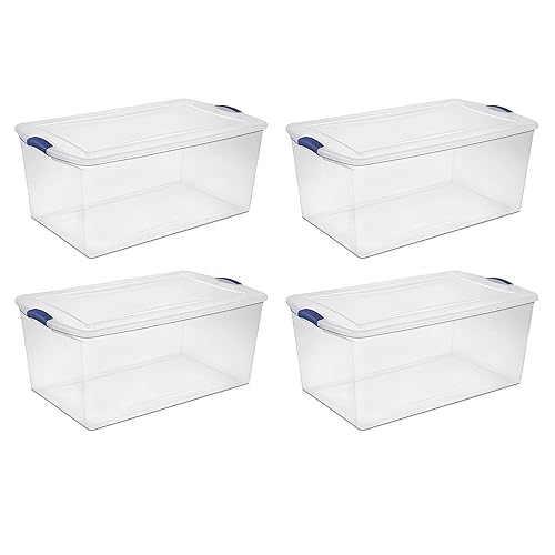 FLEAGE Large Clear Storage Bins 105 Qt. Latch Box Plastic, Stadium Blue, Set of 4