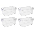 FLEAGE Large Clear Storage Bins 105 Qt. Latch Box Plastic, Stadium Blue, Set of 4