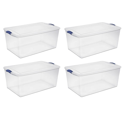 FLEAGE Large Clear Storage Bins 105 Qt. Latch Box Plastic, Stadium Blue, Set of 4