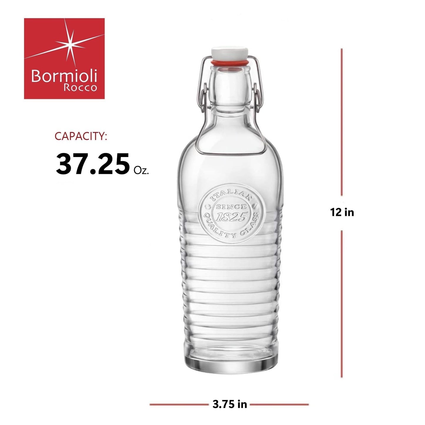 Bormioli Rocco Officina Water Bottle | 37.25 oz, Italian Glass Pitcher | Airtight Seal & Metal Clamp | Easy To Carry Handle, Dishwasher Safe