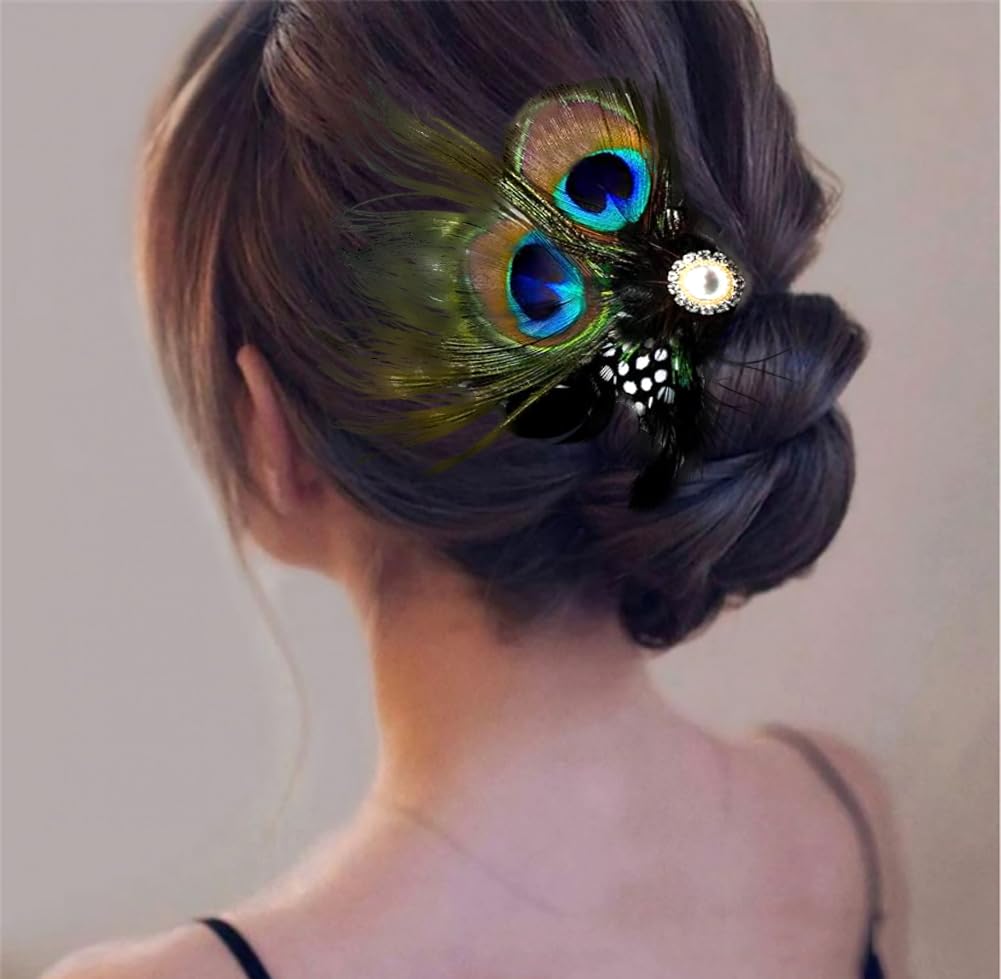 Aliotech Butterfly Peacock Feather Hair Clip with Artificial Pearl Rhinestones, 13.2*8cm - Bridal, Wedding & Party Hair Accessory