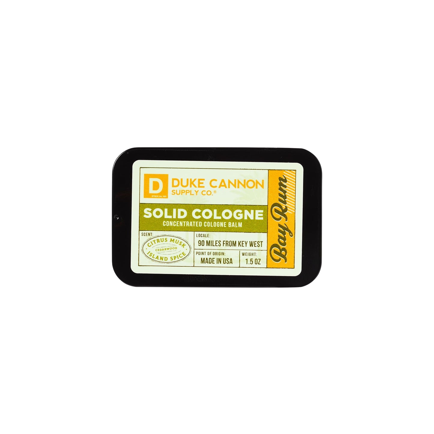 Duke Cannon Supply Co. Solid Cologne for Men Bay Rum (Citrus Musk, Cedarwood, Island Spice) - Concentrated Balm, Travel-Friendly Convenient Tin, 1.5