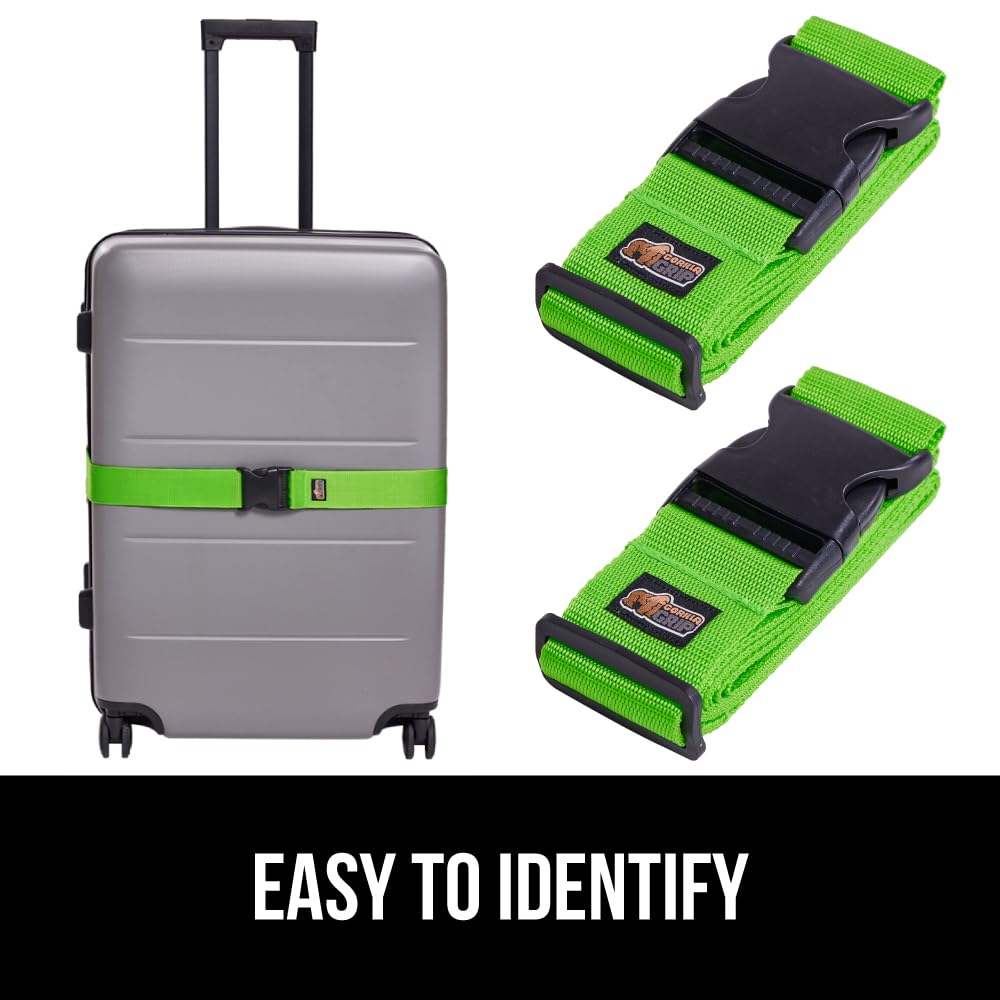 GORILLA GRIP Heavy Duty Luggage Straps – 2 Pack Adjustable Travel Belts to Secure Suitcases, Connect Bags & Extend Luggage Life (Green)