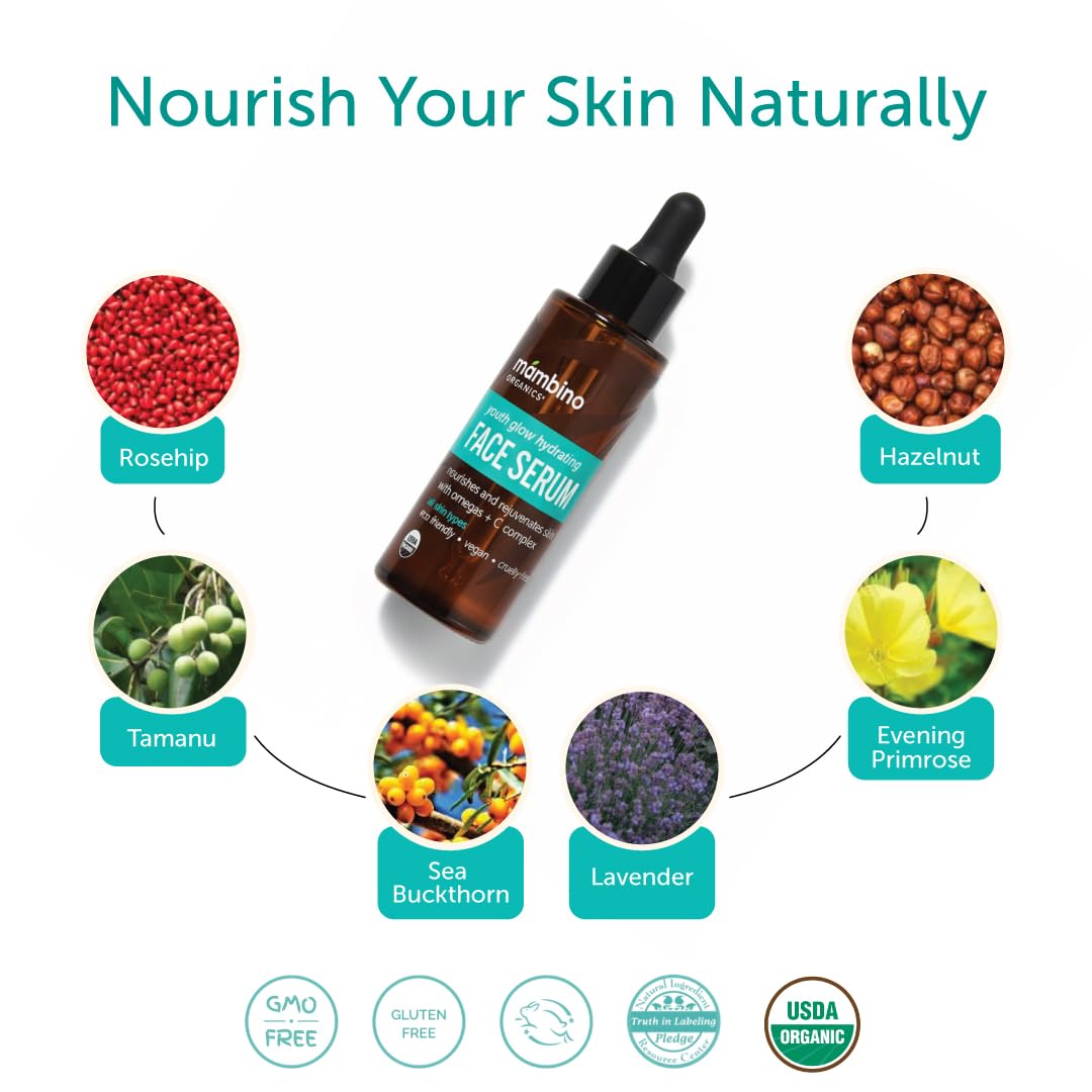 Mambino Organics Youth Glow Hydrating Serum, Vitamin C Face Serum with Marula, Rosehip Oil, Revitalizing Skin, Fades Dark Spots, Smooths Texture