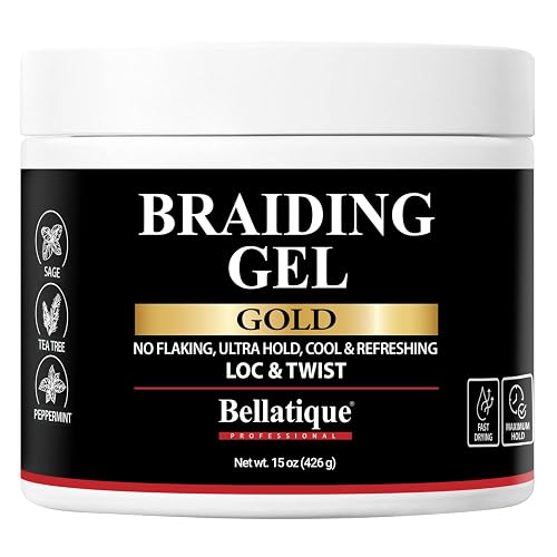 BELLATIQUE GOLD Braiding Gel Maximum Hold for LOC & Twist - No Flaking, No Whitening, Fast Drying, High Shine, Cool & Refreshing, Long Lasting Hold