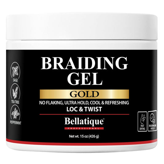 BELLATIQUE GOLD Braiding Gel Maximum Hold for LOC & Twist - No Flaking, No Whitening, Fast Drying, High Shine, Cool & Refreshing, Long Lasting Hold