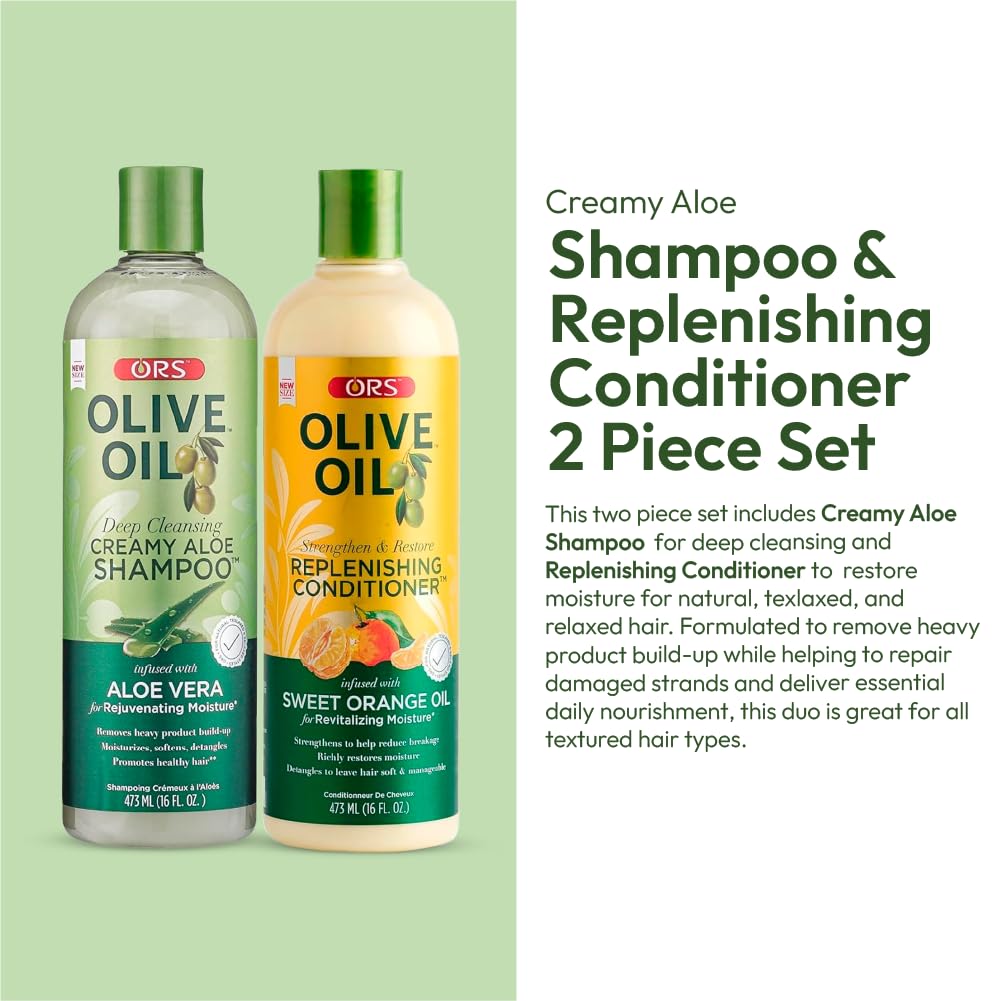 ORS Olive Oil Creamy Aloe Shampoo & Replenishing Conditioner for Revitalizing & Rejuvenating Moisturel 2 Piece Set