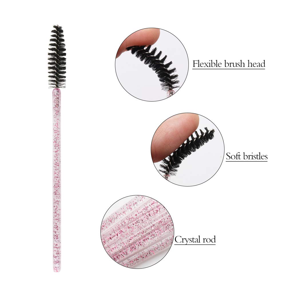 300 Pack Mascara Wands Disposable Eye Lash Brushes for Eyelash Extensions Tool Makeup Applicator Kit, Crystal Rose/Black