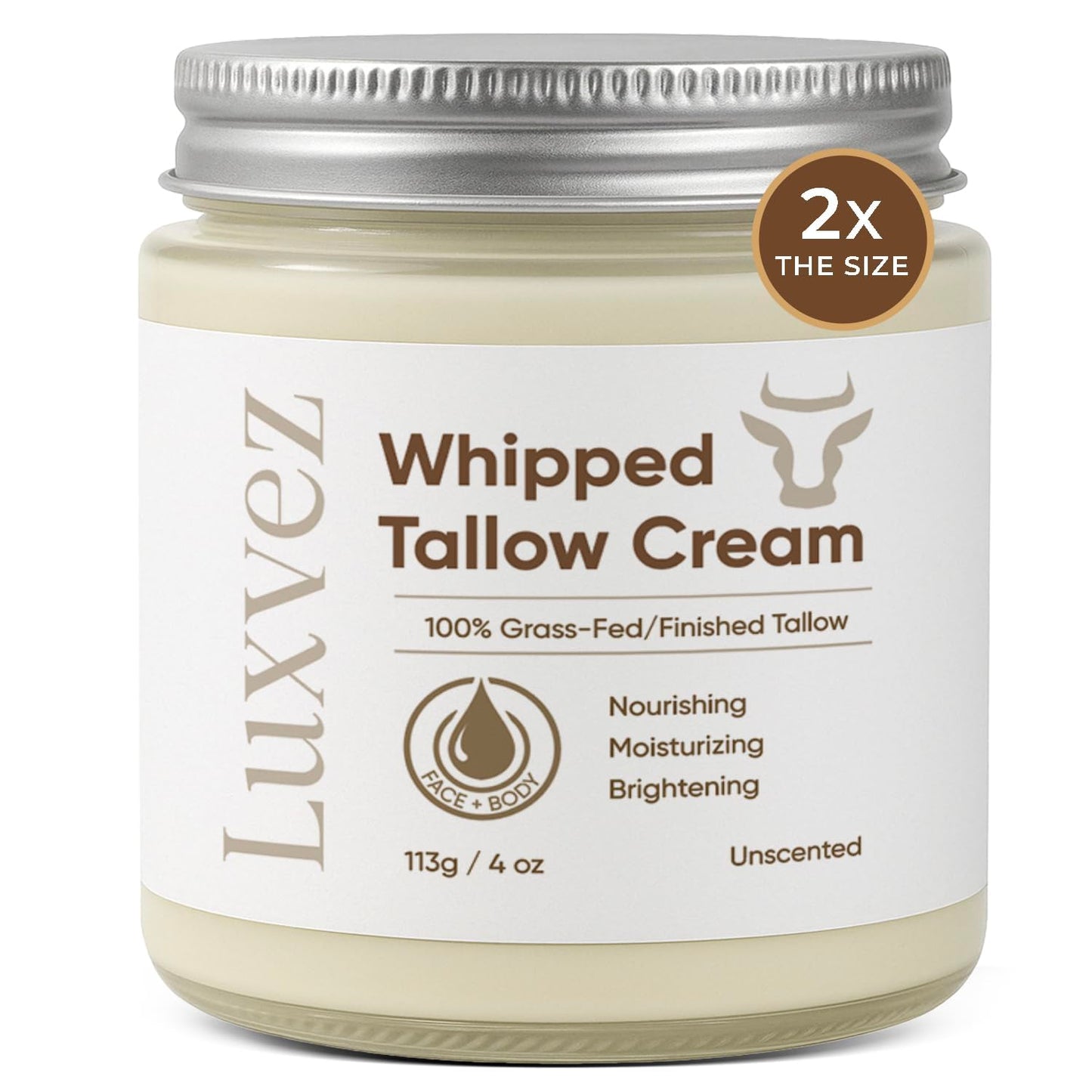 Luxvez Beef Tallow Cream for Skin: Grass-Fed Whipped Tallow Balm with Squalane Jojoba Oil - All Natural Skincare Whipped Moisturizer for Face & Body