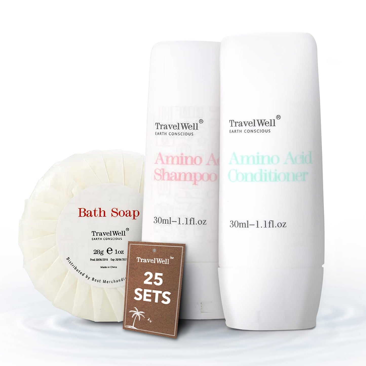 Travel Well Mini Shampoo & Conditioner Set - Amino Acid Travel Shampoo & Conditioner - Paraben-Free Mini Soap Bars Guest Bathroom Toiletries - 25