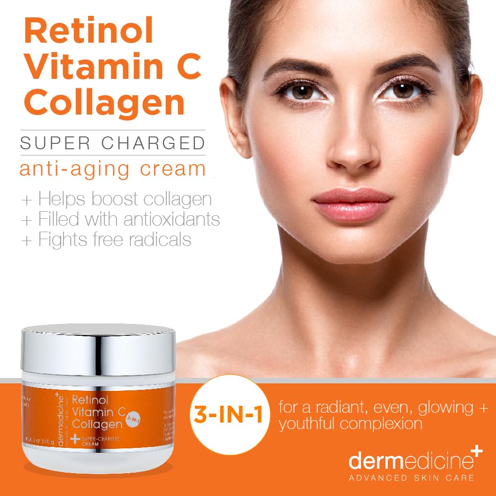 Vitamin C + Retinol + Collagen | Super Charged Anti-Aging Cream for Face | Pharmaceutical Grade Quality | Helps Smooth & Plump Fine Lines & Wrinkles