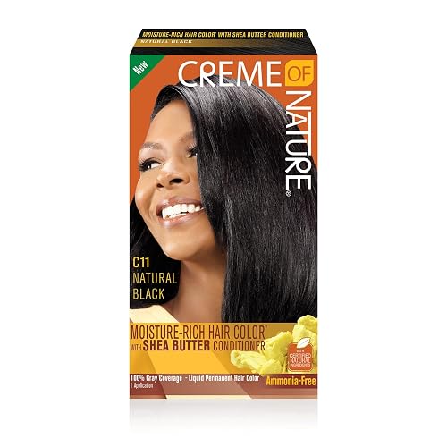 Moisture Rich Liquid Hair Color by Creme of Nature, C11 Natural Black, with Shea Butter Conditioner, 1 Application