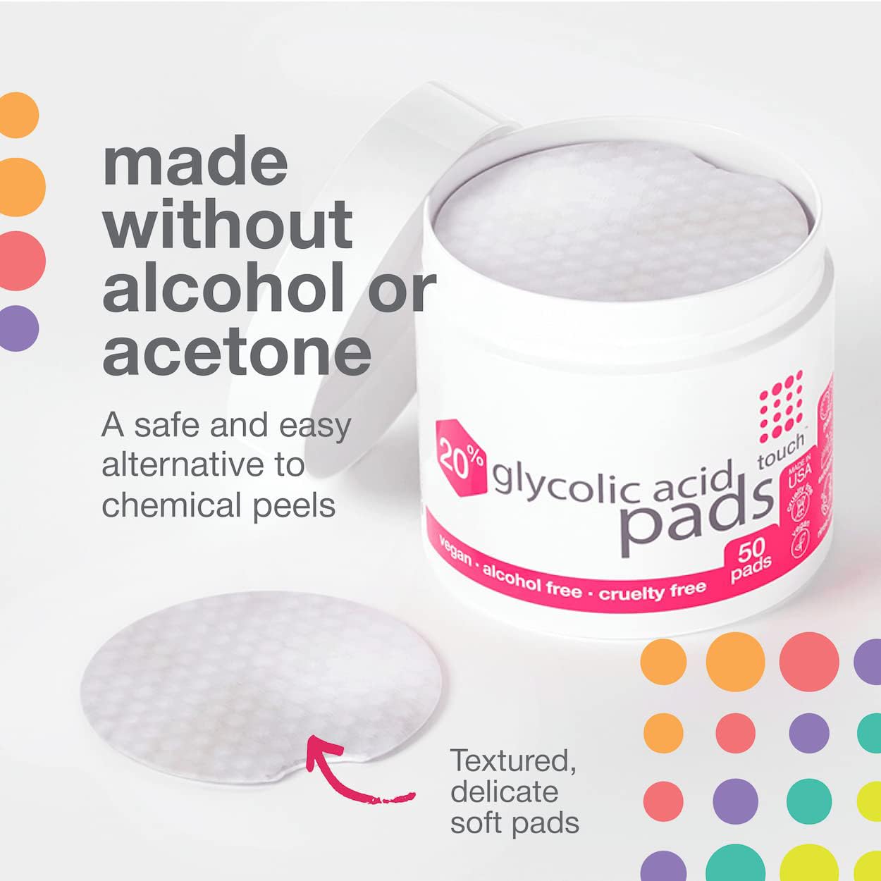 TOUCH 20% Glycolic Acid Pads Exfoliating And Resurfacing AHA Peel Face Wipes - Great for Dullness, Pores, Scars, Fine Wrinkles, Uneven Skin Tone