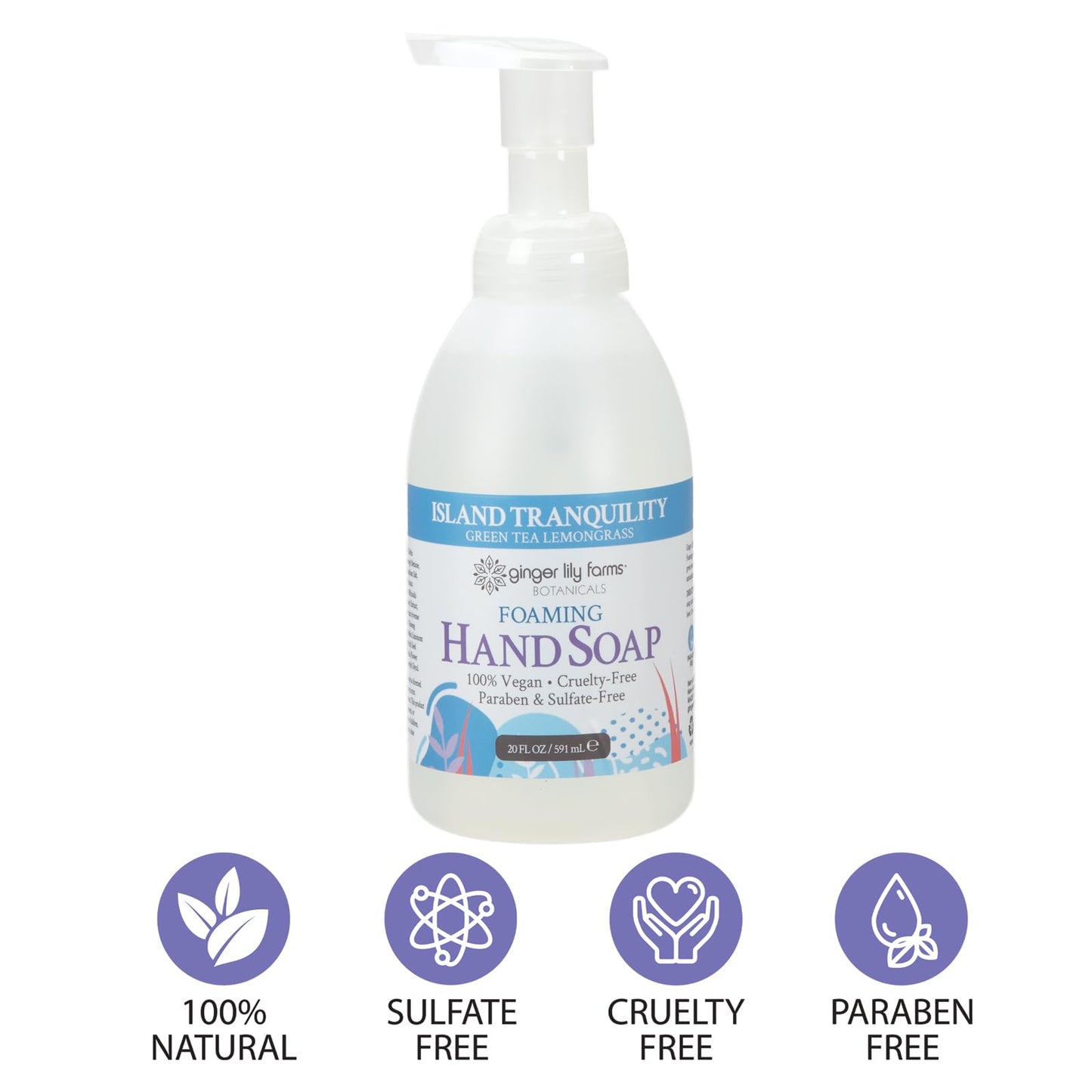 Ginger Lily Farms Botanicals All-Purpose Foaming Hand Soap Refill, Island Tranquility, 100% Vegan & Cruelty-Free, Green Tea Lemongrass Scent, 20 Fl Oz