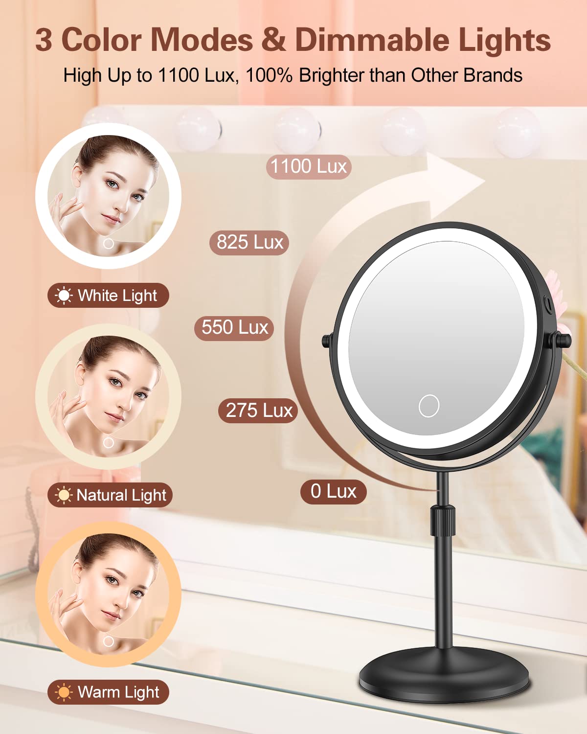 Benbilry Lighted Makeup Mirror with 10X Magnification & 3 Color Lights, Adjustable Brightness & Height, 7 Inch 360° Swivel Rechargeable LED Magnifying