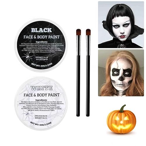White Black Oil Face Body Paint Set, Halloween Skeleton Makeup Kit with 2 Brushes, Professional Black and White Face Painting Kit for Halloween Make
