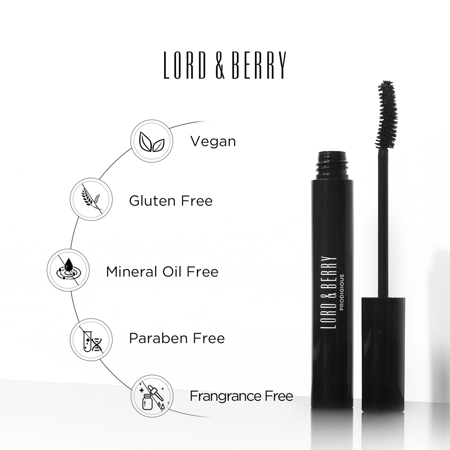 Lord & Berry Prodigious Mascara- Curling &Volumizing, Smudge-Free, Nourishing with Diamond Powder, False Lash Effect, 0.33 fl oz