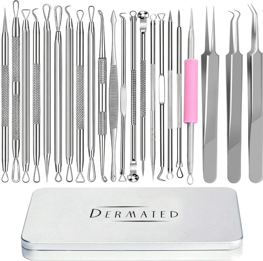 22 Pcs Pimple Popper Tool Kit 410 Stainless Steel Blackhead Remover Tools, Pimple Extractor Tool Kit for Blackheads, Blemish, Comdone, Acne, Zit, Beauty and Personal Care DERMATED Default Title