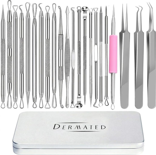 22 Pcs Pimple Popper Tool Kit 410 Stainless Steel Blackhead Remover Tools, Pimple Extractor Tool Kit for Blackheads, Blemish, Comdone, Acne, Zit, Beauty and Personal Care DERMATED Default Title