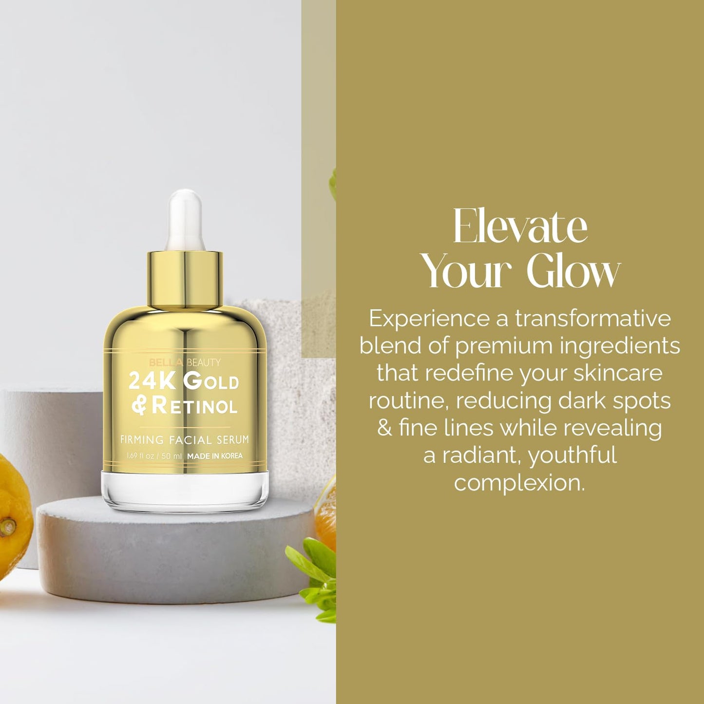 Bella Beauty 24K Gold & Retinol Face Serum - Reduces Age Spots, Fine Lines & Wrinkles, Lifting & Firming - Dermatologist Tested, Cruelty-Free Korean