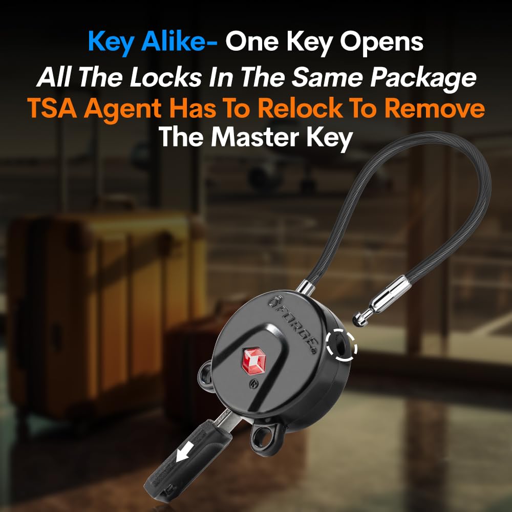 Forge TSA Approved Luggage Locks – Ultra Secure TSA006 Dimple Key Travel Padlocks with Zinc Alloy Body, 2 Pack Cable Locks (Black)