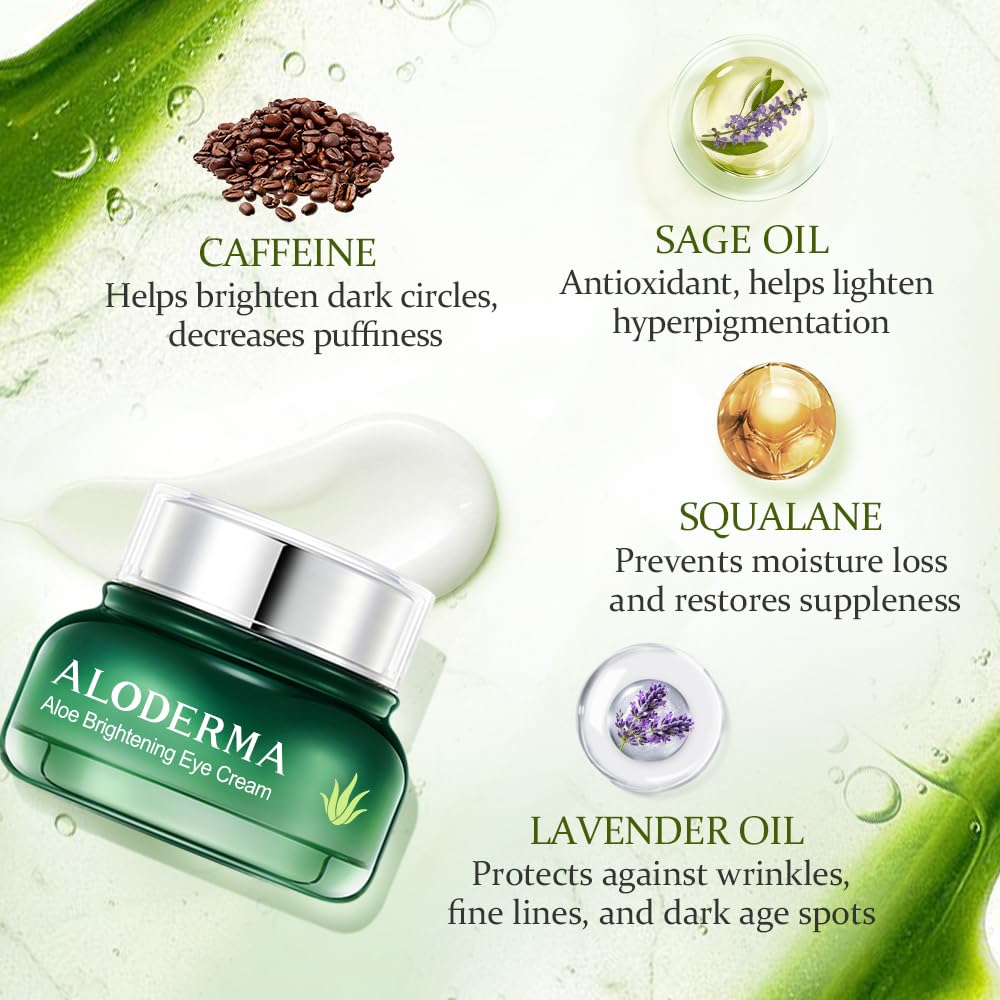 Aloderma Brightening Eye Cream with Organic Aloe Vera - Hydrating Effect for Dark Circles & Puffiness with Caffeine & Sage Oil - Day & Night Eye Care