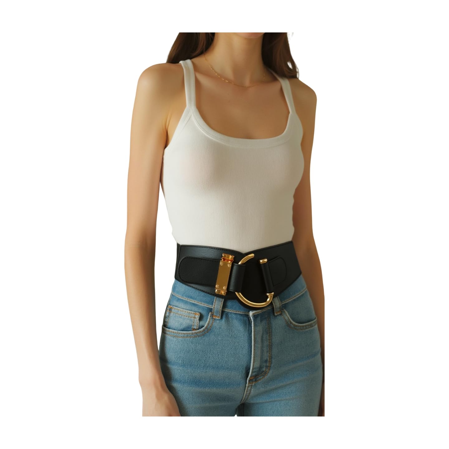 TFJ Women's Wide Fashion Belt Hip High Waist Gold Metal Hook Buckle Plus Size 36-44" Black (Black)