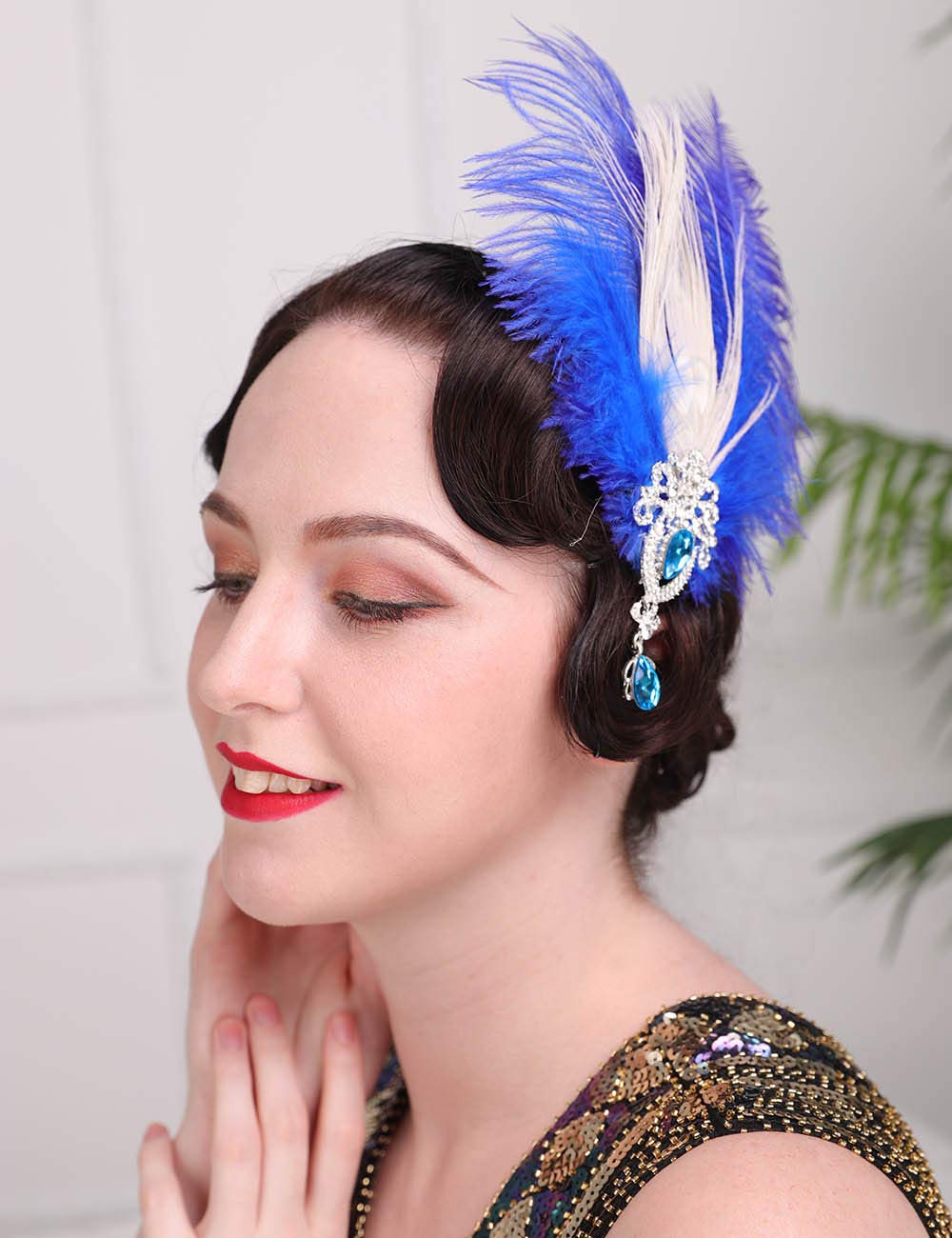 Aimimier 1920s Flapper Feather Hair Clip Blue Crystal Teardrop Feather Headpiece Prom Party Roaring 20s Hair Jewelry for Women and Girls (Style 2)