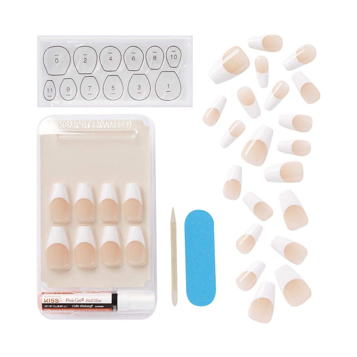 KISS Salon Acrylic French Nail Manicure Set, Medium Length, Square, “Je T'aime”, Nail Kit Includes Pink Gel Nail Glue (Net Wt. 2 g / 0.07oz.), Mini