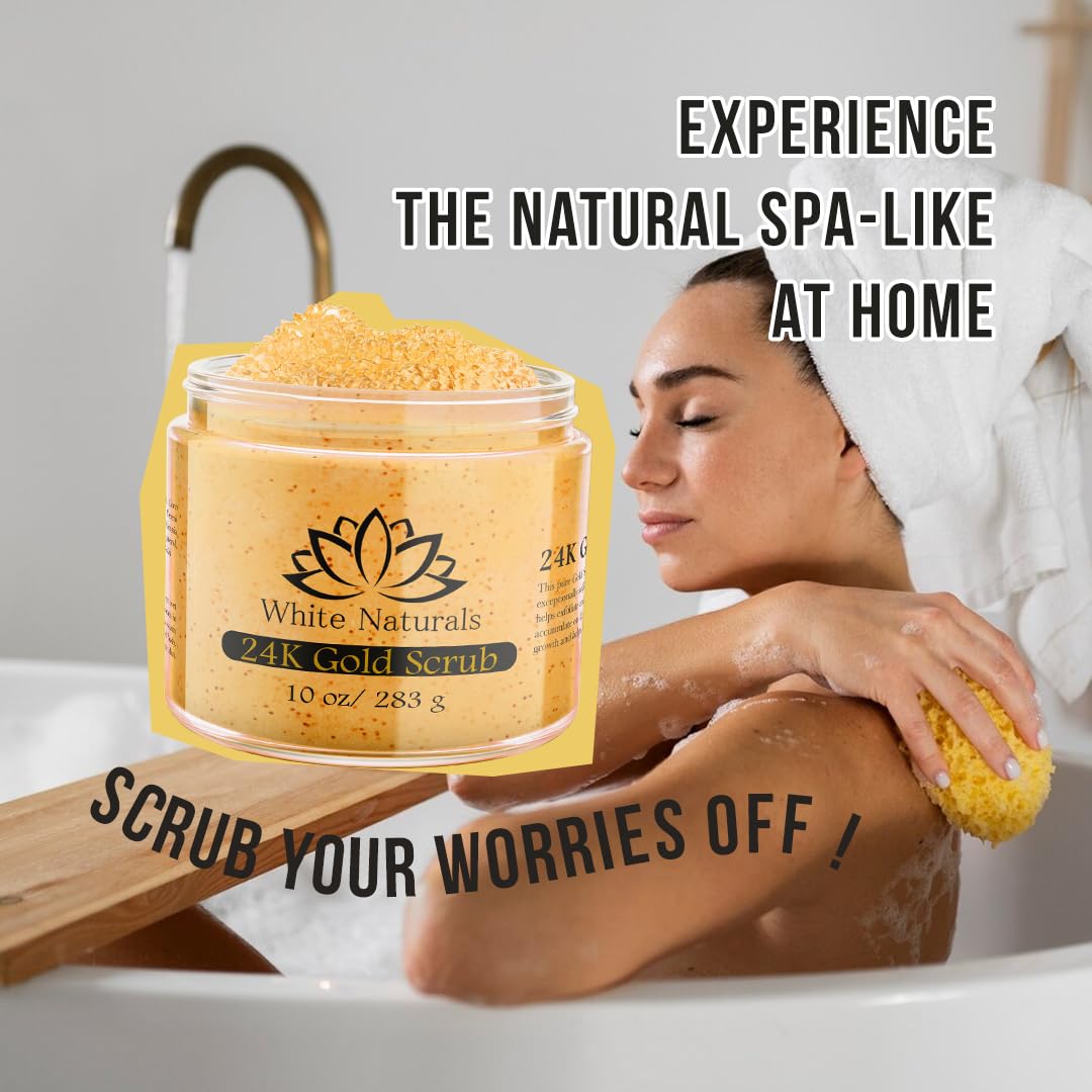 24K Gold Body Scrub, Natural Exfoliating Face Sugar Scrub With Anti-Aging Properties, Pure Skin Moisturizer, Reduce Wrinkles Deep Pore Cleansing