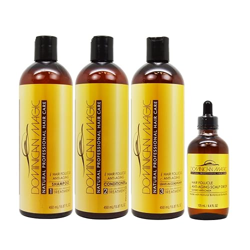 Dominican Magic Anti-Aging Hair Care Set - Shampoo, Conditioner, Leave-In (16oz) & Hair Growth Drops (4oz) | Strengthens, Hydrates & Restores
