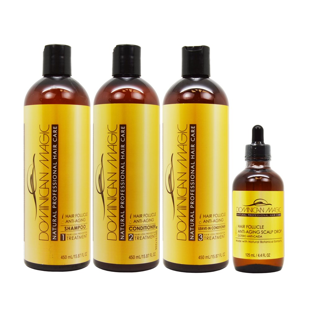 Dominican Magic Anti-Aging Hair Care Set - Shampoo, Conditioner, Leave-In (16oz) & Hair Growth Drops (4oz) | Strengthens, Hydrates & Restores