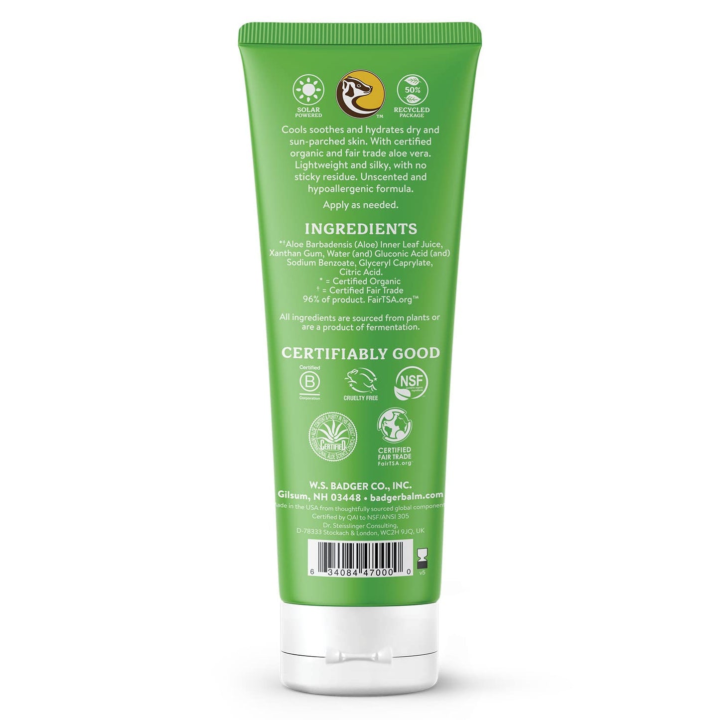 Badger Organic Aloe Vera Gel for Face & Body, 96% Pure Unscented Organic Aloe Gel for Cooling, Soothing, Non-Sticky Sunburn Relief, Vegan, Fair Trade