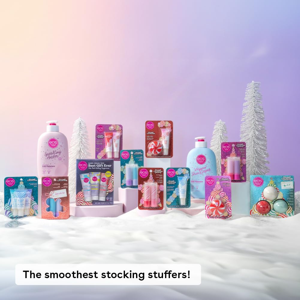eos Holiday 24H Moisture Mini Super Balm Set- Speculoos Cookie Butter, Iced Gingerbread, Vanilla Cake Batter, Limited-Edition Lip Care, Stocking