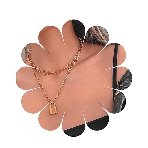 Yheakne Punk Layered Lock Choker Necklace Gold Padlock Pendant Necklace Chunky Paper Clip Chain Necklace Vintage Statement Necklace Chain Jewelry