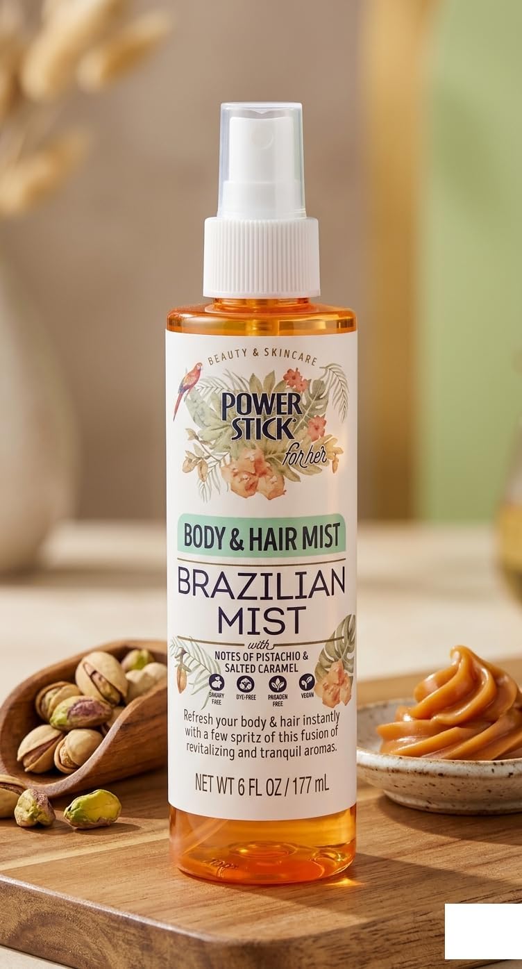 Power Stick for Her Brazilian Mist Body & Hair Mist, Pistachio & Salted Caramel Scent, 6 Fl Oz, Dye-Free, Paraben-Free