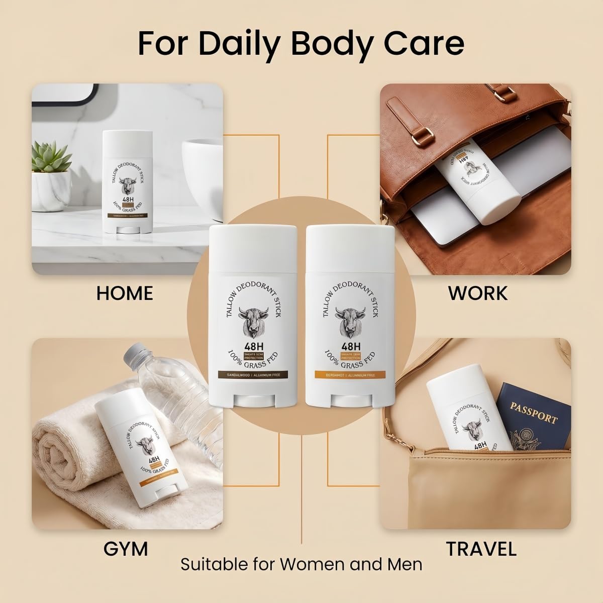 Tallow Deodorant Stick, Aluminum Free Body Deodorant for Women and Men, Smooth Glide Stick for Underarms and Feet (BERGAMOT) Beauty and Personal Care feeling group
