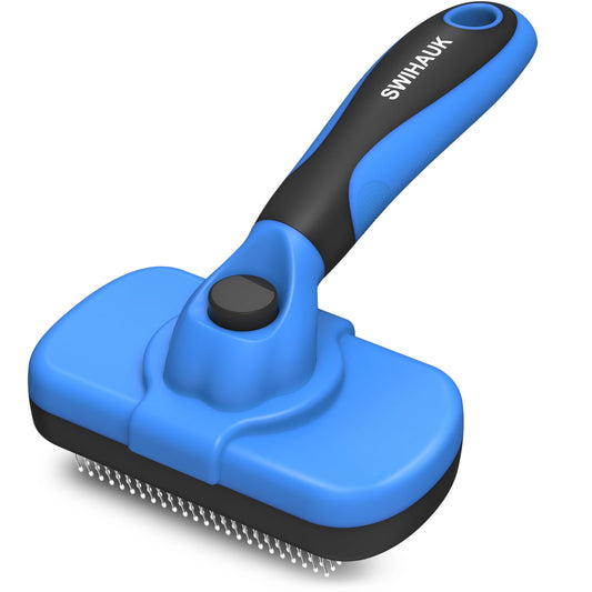 Swihauk Self-Cleaning Slicker Brush – Deshedding Grooming Tool for Dogs & Cats, Skin-Friendly, Blue, Pet Supplies Included