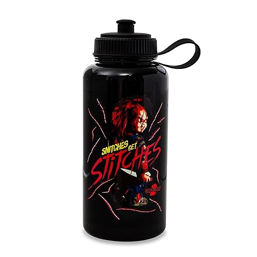 Child's Play 2 Chucky "Snitches Get Stitches" Water Bottle With Spill-Resistant Sports Cap Lid | Large Plastic Sports Jug | Holds 34 Ounces