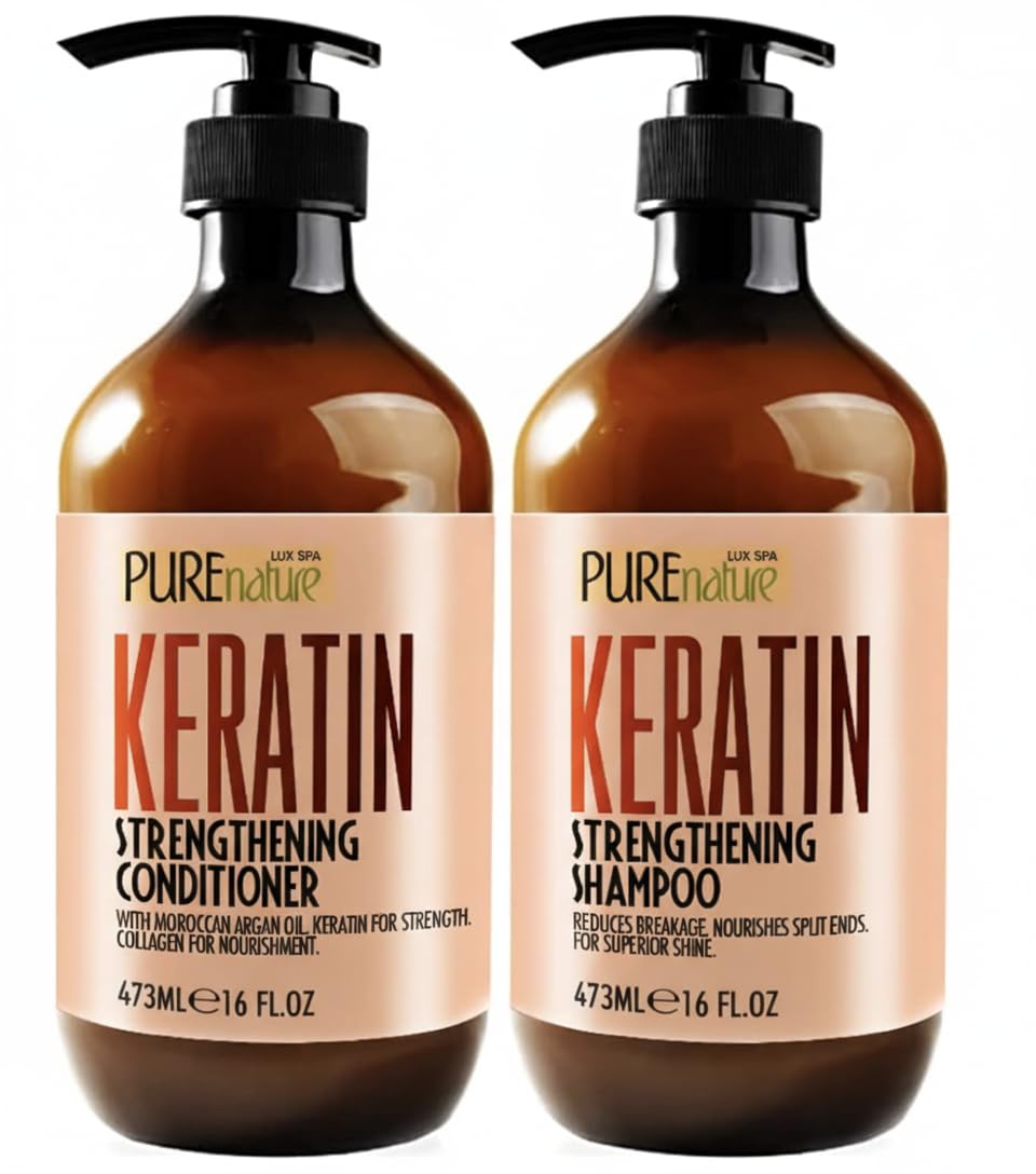 Keratin Shampoo and Conditioner Set - Sulfate and Paraben Free Treatment for Dry Hair - Anti Frizz, Collagen Enriched Formula for Curly or Damaged