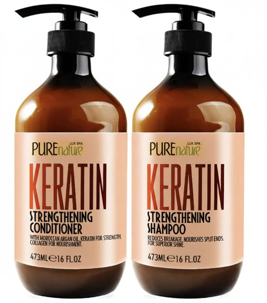 Keratin Shampoo and Conditioner Set - Sulfate and Paraben Free Treatment for Dry Hair - Anti Frizz, Collagen Enriched Formula for Curly or Damaged