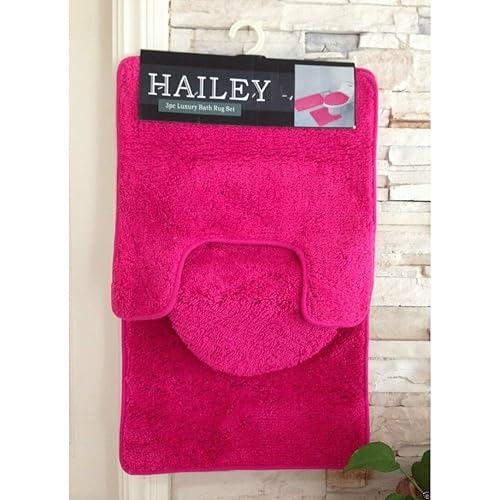 Kashi Home Hailey 3 Piece Bath Rug Set, Bath Mat, Contour Rug, Toilet Seat Lid Cover, Soft Pile, Water Absorbent Solid Color (Fuchsia)
