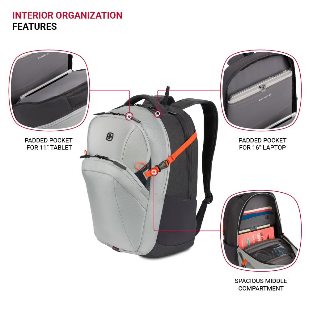 SwissGear UrbanPro Laptop Backpack, Laptop Bag Fits Most 16-Inch Laptops, Commuter Friendly Trolley Sleeve, Ideal for Work, Travel or School - Light Grey/Charcoal (18.5-Inch)