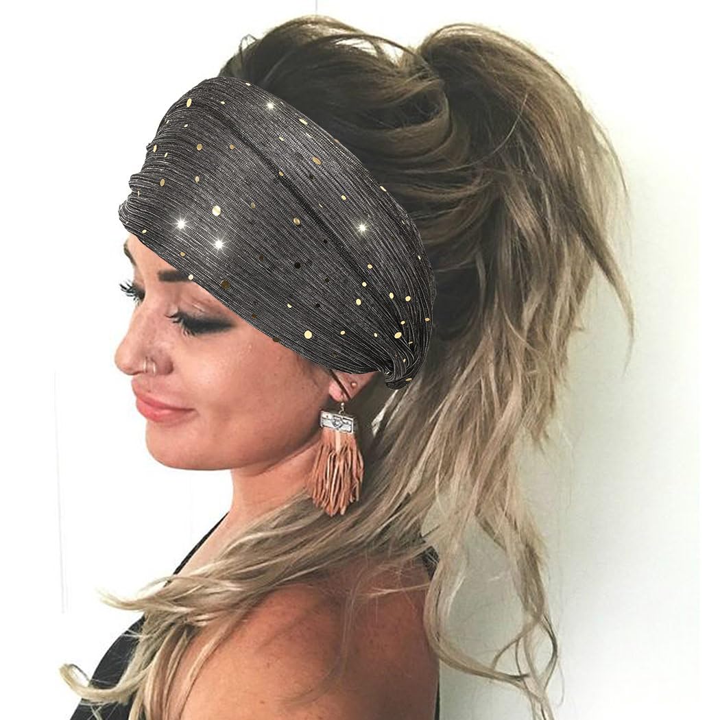 CAKURE Sequin Wide Headband Black Turban Headbands African Glitter Head Wraps Stretchy Bling Hair Wraps Hair Bands Yoga Running Sport Hair Accessories