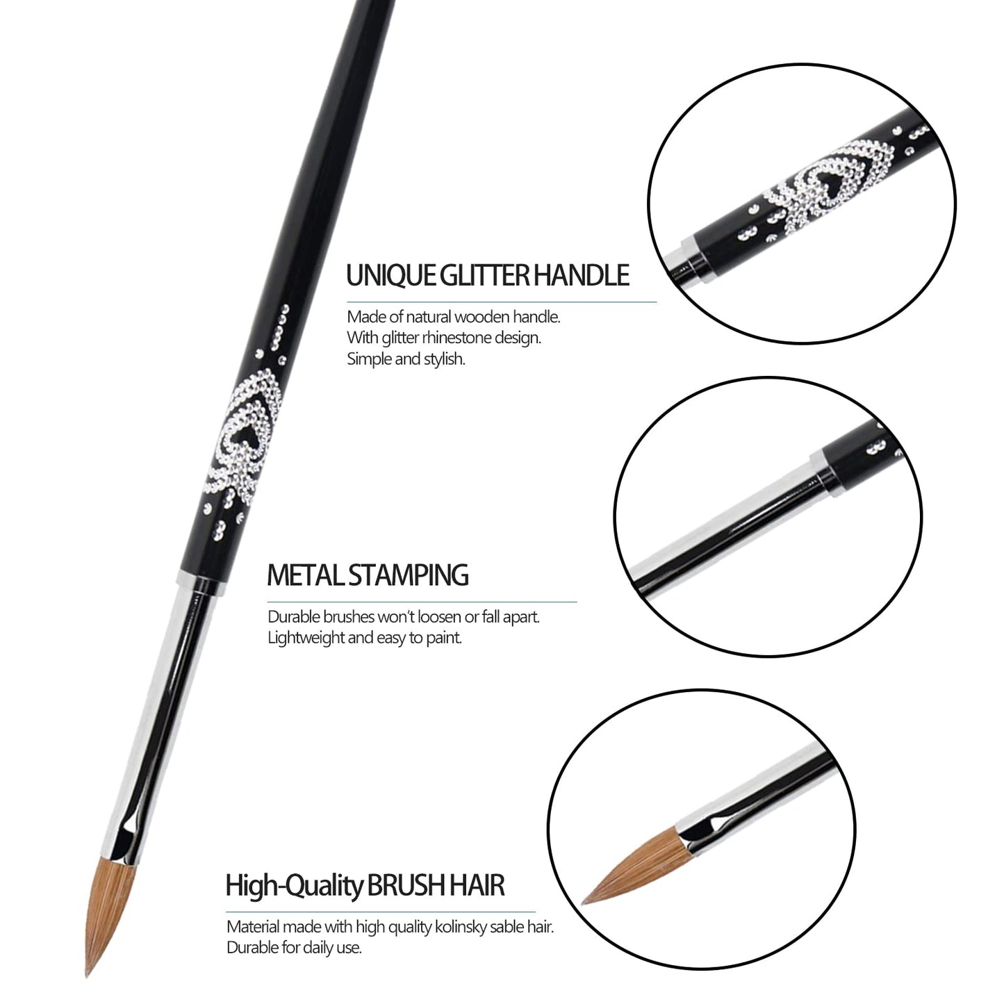 BQAN 3D Kolinsky Nail Art Brush 1Pc #4, Professional nail brushes for acrylic application, Natural Wooden Handle with Rhinestone Design