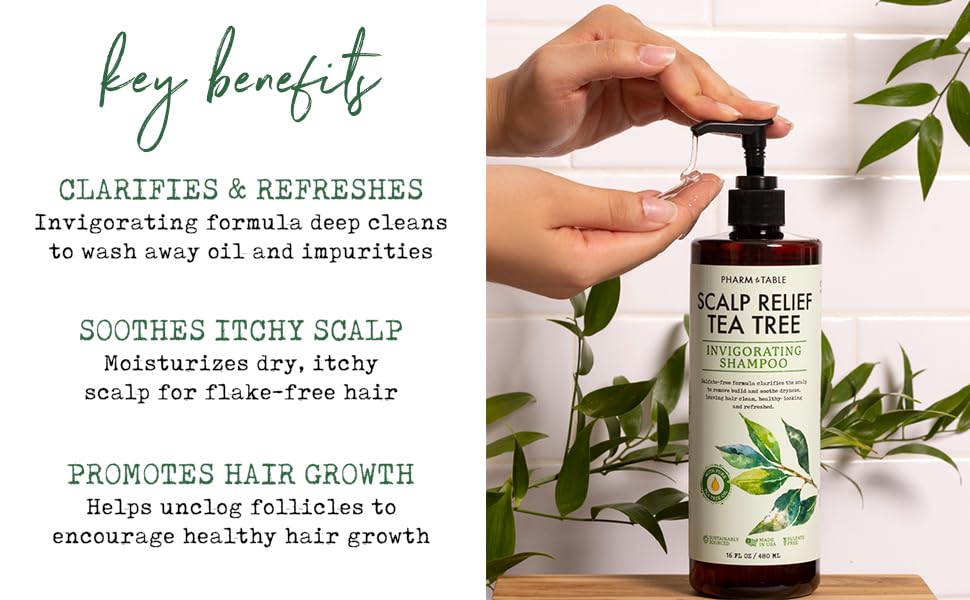 PHARM TO TABLE Tea Tree Shampoo For Men and Women - Infused with Tea Tree oil, Mint, Biotin and Vitamin E, 16.2oz