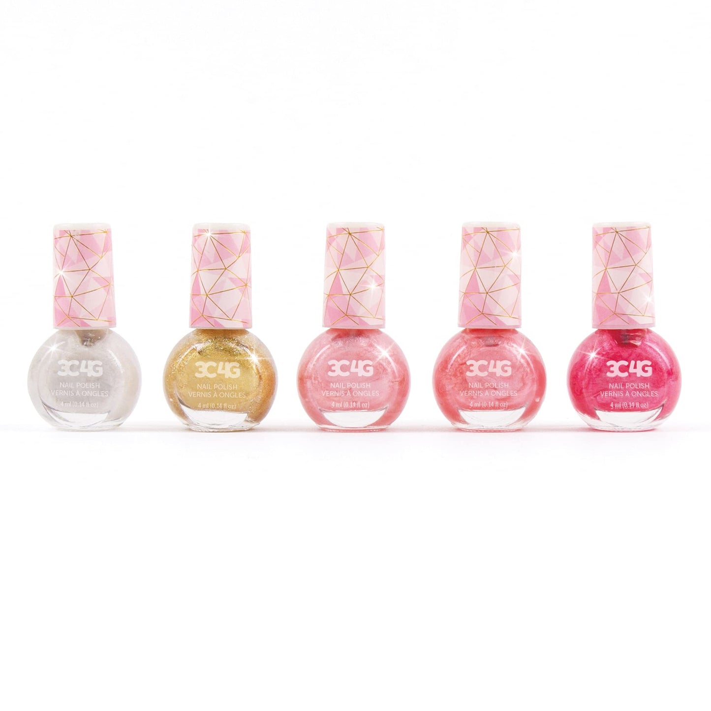 3C4G Pink and Gold Hexagon 5 Pack Nail Polish - Shimmer Nail Polish Set for Girls & Teens - Includes 5 Colors - Non-Toxic Nail Polish Kit for Kids